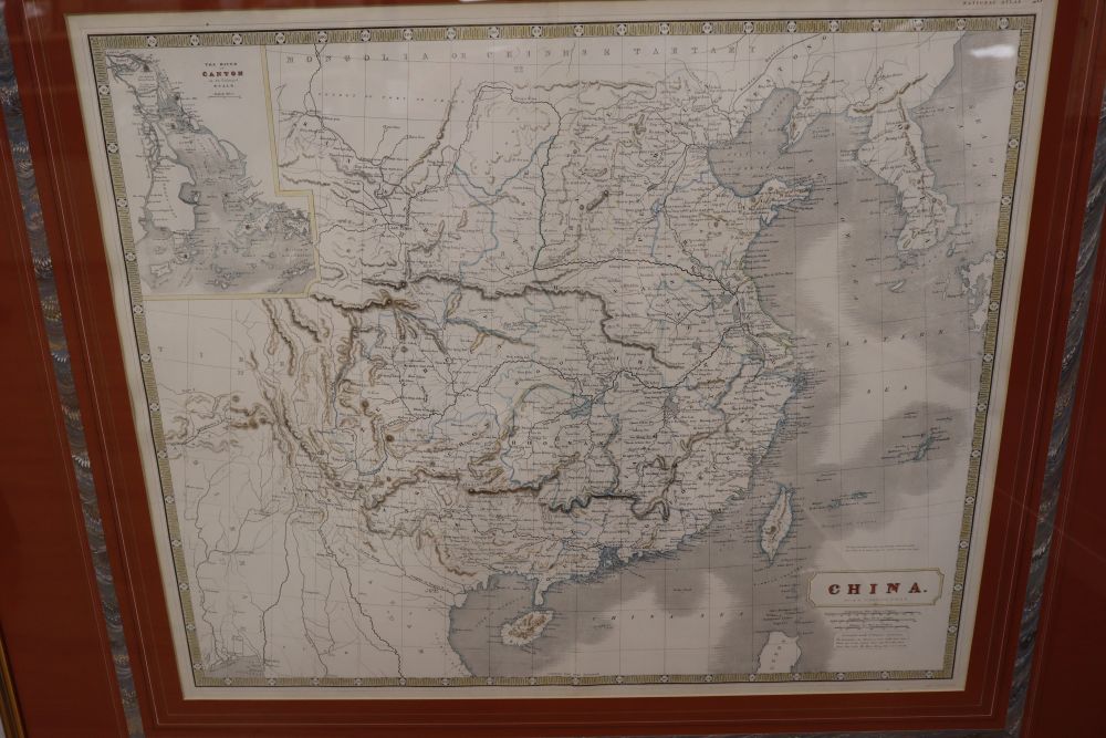 After Day & Son, pair of colour prints, View of Hong Kong and the Town of Victoria, overall 23 x 78cm and a map of China